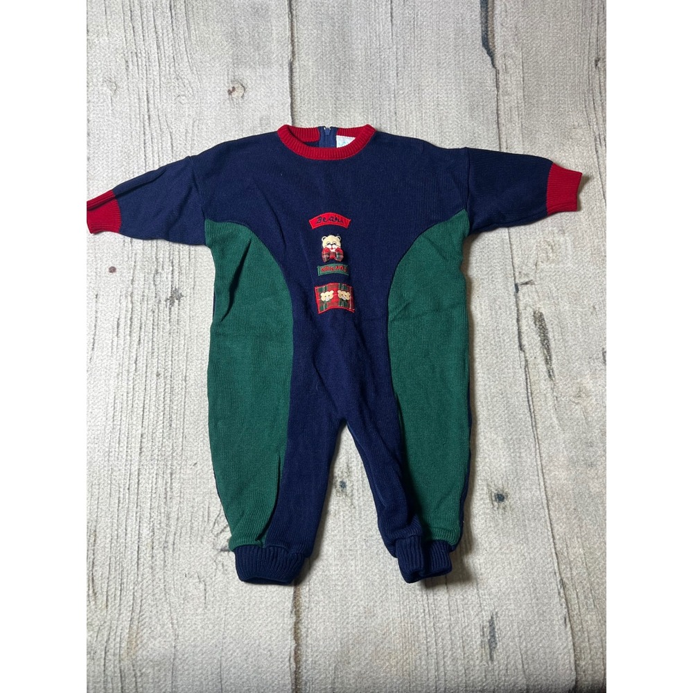 Bright Future Vintage 90s Knit Romper Baby 12M Blue Green Teddy Bear Grandmacore